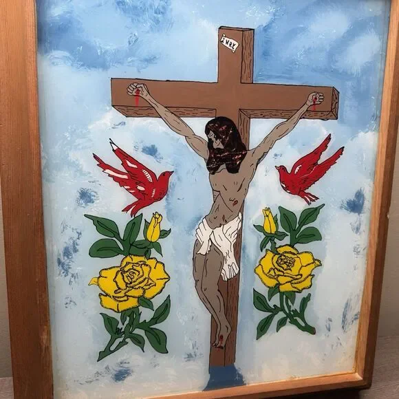 Vintage 1977 Attica Prison Inmate Folk Art Hand Painted Glass Jesus Crucifixion - Picture 7 of 16